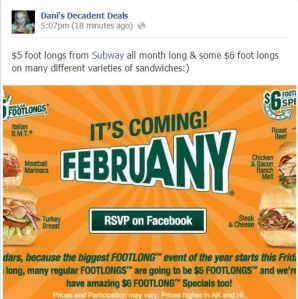Subway - $5 Subs through end of February
