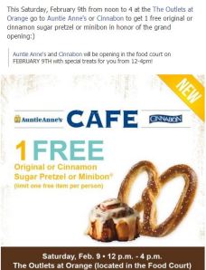 Auntie Annie's &  Cinnabon free pretzel or minibon Grand Opening Outlets of Orange