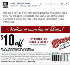 Bucca Di Beppo $10 off 2 entrees through 12-31-13