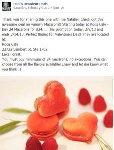 Rocq Cafe macarons 24 for $24 through 2-14-13