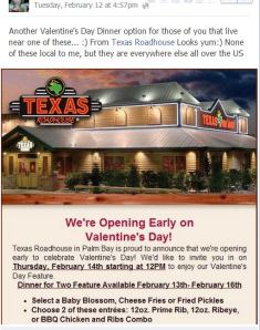 Texas Roadhouse Valentine's Day meal through 2-16-13