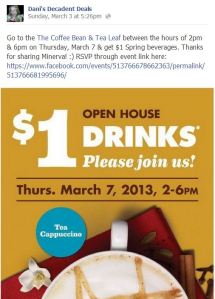 $1 drinks at Coffee Bean & Tea Leaf March 7 only 2-6