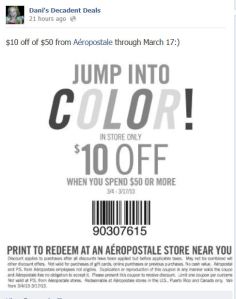 $10 off $50 Aeropostale through March 17