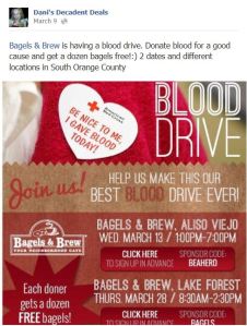 Bagels & Brew Blood Drive March 28 Free Bagels