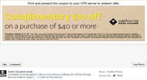 California Pizza Kitchen $10 off of $40 thru March 31, 2013