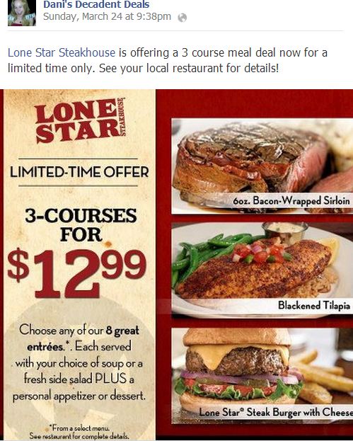 Lonestar Steakhouse $12.99 Special
