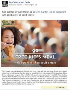 Olive Garden Free Kids Meal with Adult Entree Purchase through March 21, 2013