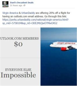 Virgin America & Urban Daddy & Outlok Email offer 20% off