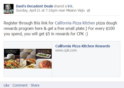 California Pizza Kitchen Rewards Program - $5 free