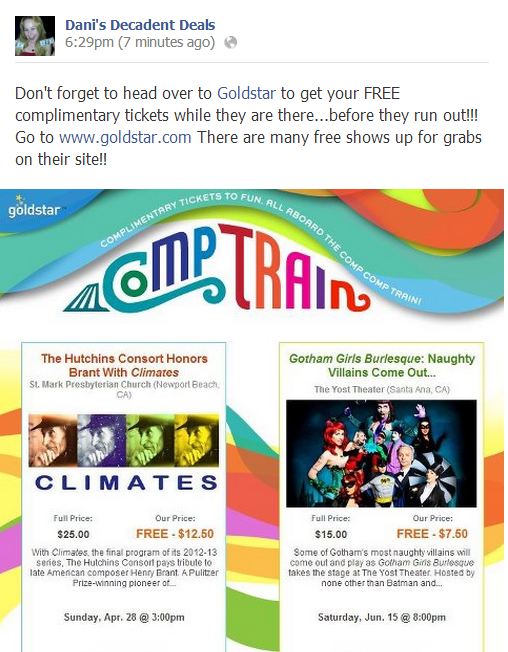 Goldstar Events - Complimentary Tickets FREE
