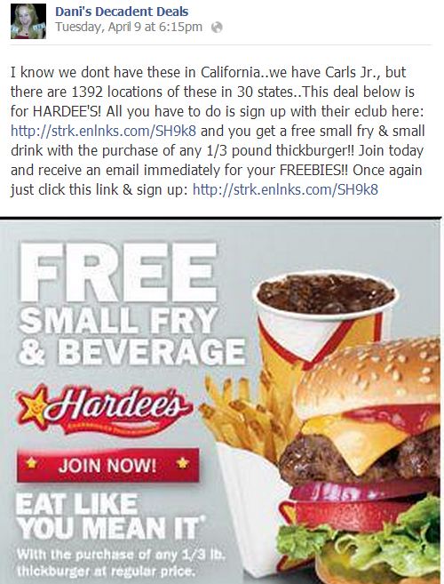 Hardees free fries and drink