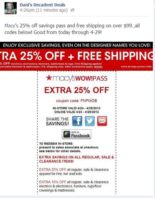 Macy's Extra 25% off & FREE shipping thru 4-29