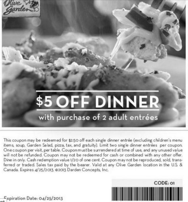 Olive Garden $5 off thru 4-25