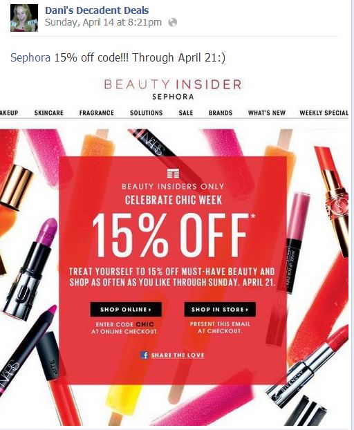 Sephora - 15% off coupon through April 21