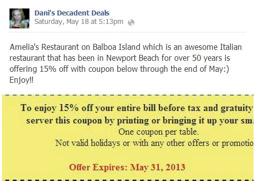 15% off at Amelia's Ballboa Island thru 5-31-13