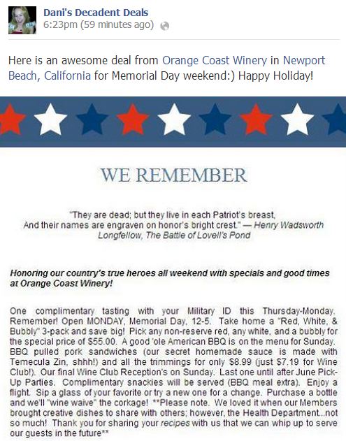 Orange Coast Winery, Newport Beach, CA Memorial Day Special