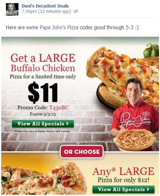 Papa John's Pizza Codes thru 5-3-13