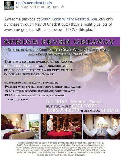 South Coast Winery Room Specials $159 - 5-3-13