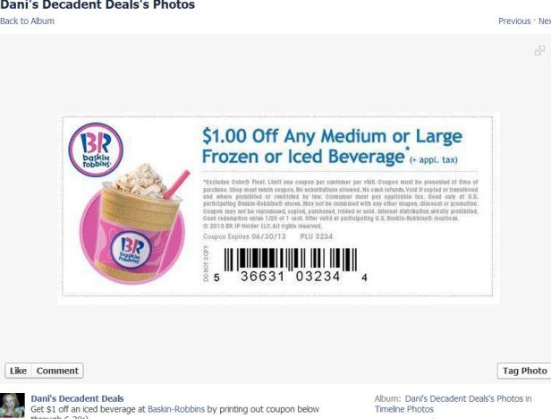 Baskin Robbin's $1 off frozen iced beverage thru 6-30