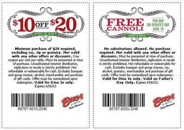 Bucca Di Beppo Coupons good through June 16