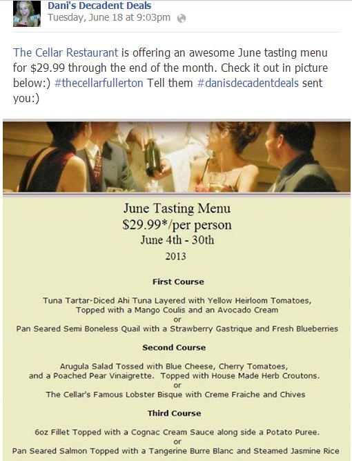 Cellar Restaurant Tasting Menu 29.99 thru end of June