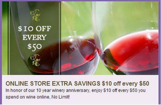 South Coast Winery $10 off of every $50 purchase wine online