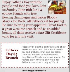 Vintage Steakhouse $5 FREE Father's Day