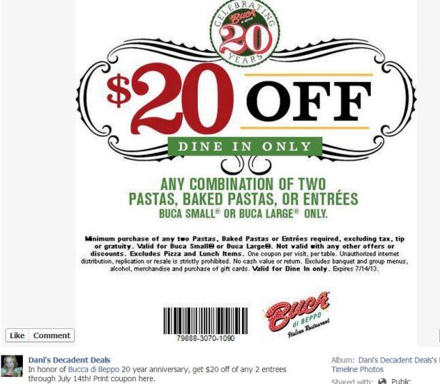 Bucca Di Beppo $20 off through July 14