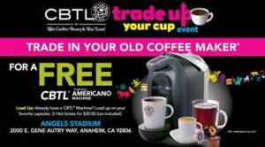 Coffee Bean and Tea leaf, Free coffeepot, trade your cup, cbtl, free milk frother, anaheim stadium