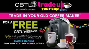 Coffee Bean and Tea leaf, Free coffeepot, trade your cup, cbtl, free milk frother, anaheim stadium