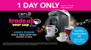 Coffee Bean and Tea leaf, Free coffeepot, trade your cup, cbtl, free milk frother, anaheim stadium