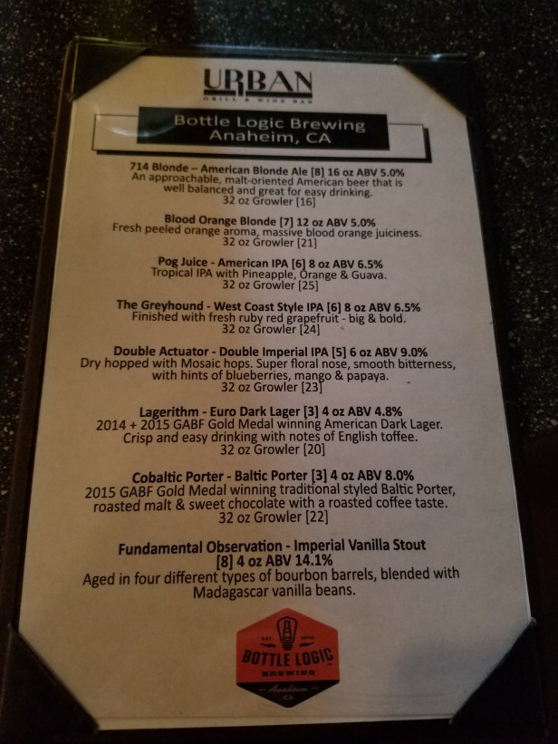 urban grill and wine bar, bottle logic brewery, beer dinner