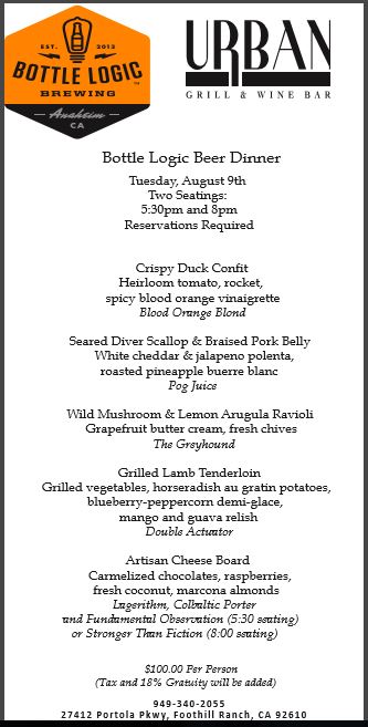 Urban grill and wine bar, bottle logic brewery, beer dinner